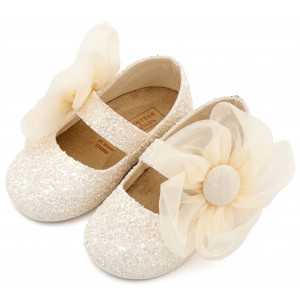 EXC5899 Εκρού Γοβάκι Μονή Μπαρέτα Διακοσμημένο με Μεγάλο Λουλούδι Οργάντζας 