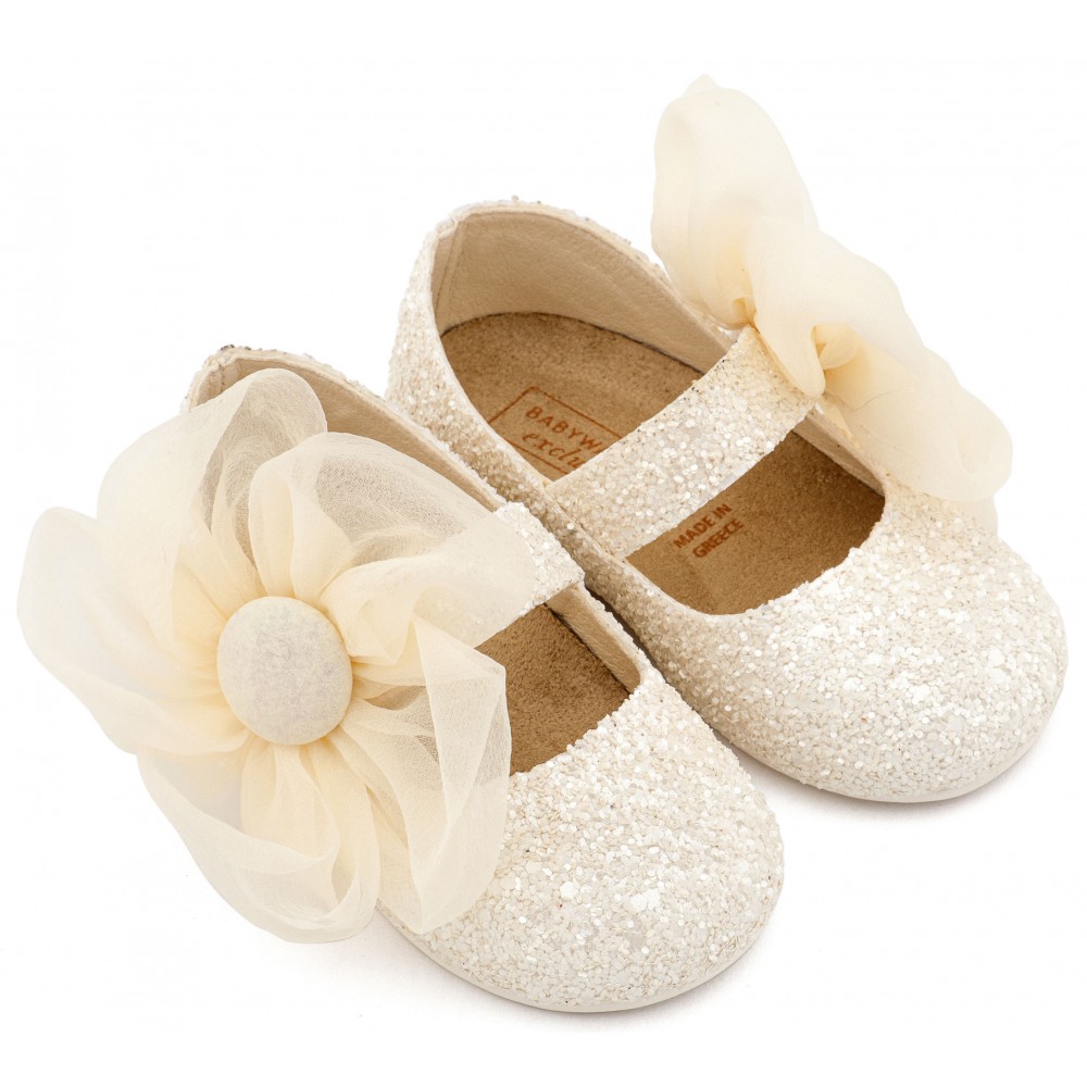 EXC5899 Εκρού Γοβάκι Μονή Μπαρέτα Διακοσμημένο με Μεγάλο Λουλούδι Οργάντζας 