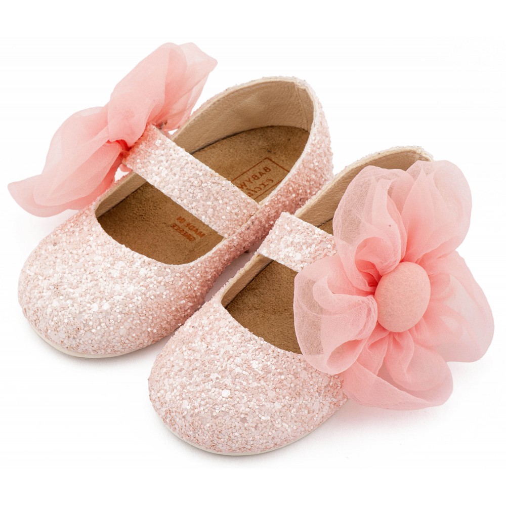 EXC5899 Ροζ Γοβάκι Μονή Μπαρέτα Διακοσμημένο με Μεγάλο Λουλούδι Οργάντζας 