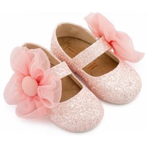 EXC5899 Ροζ Γοβάκι Μονή Μπαρέτα Διακοσμημένο με Μεγάλο Λουλούδι Οργάντζας 