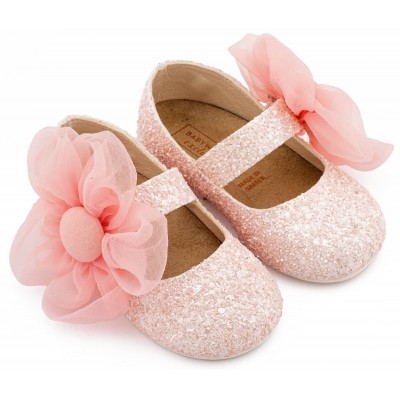 EXC5899 Ροζ Γοβάκι Μονή Μπαρέτα Διακοσμημένο με Μεγάλο Λουλούδι Οργάντζας 