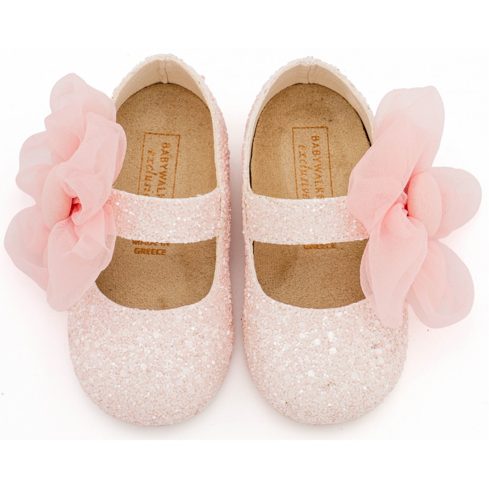 EXC5899 Ροζ Γοβάκι Μονή Μπαρέτα Διακοσμημένο με Μεγάλο Λουλούδι Οργάντζας 