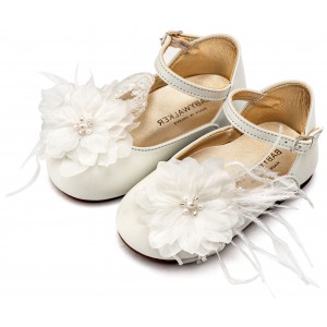 EXC5902 Εκρού Γαλλικό Γοβάκι με Χειροποίητο Chiffon Λουλούδι και Πούπουλα 