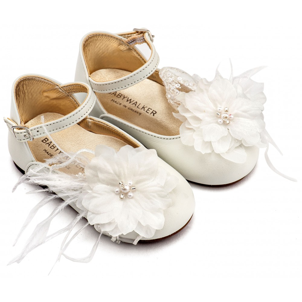 EXC5902 Εκρού Γαλλικό Γοβάκι με Χειροποίητο Chiffon Λουλούδι και Πούπουλα 