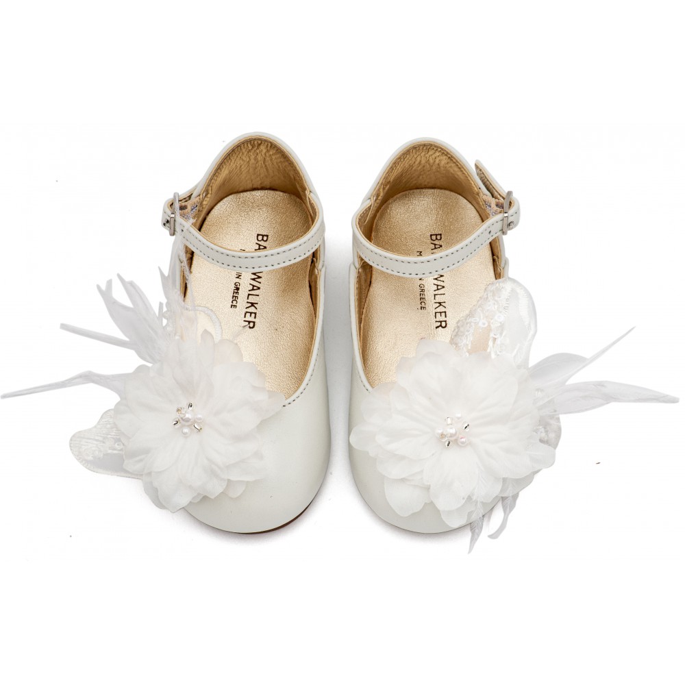 EXC5902 Εκρού Γαλλικό Γοβάκι με Χειροποίητο Chiffon Λουλούδι και Πούπουλα 