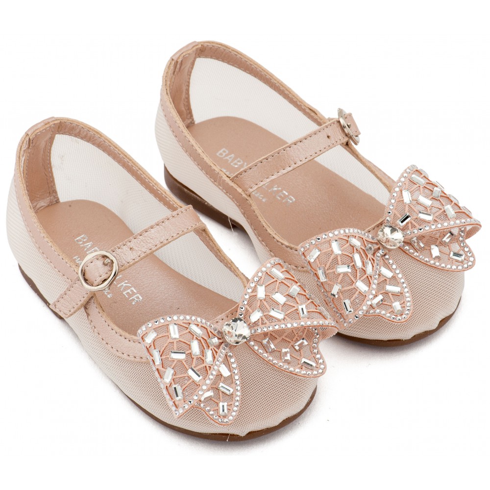 EXC5903 Ροζ Αντικέ Γοβάκι απο Ύφασμα Φιλντιρέ και Φιόγκο Στρας 