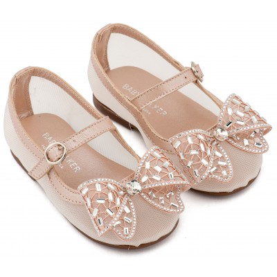 EXC5903 Ροζ Αντικέ Γοβάκι απο Ύφασμα Φιλντιρέ και Φιόγκο Στρας 