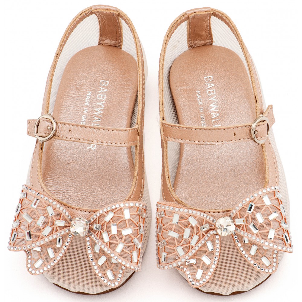 EXC5903 Ροζ Αντικέ Γοβάκι απο Ύφασμα Φιλντιρέ και Φιόγκο Στρας 