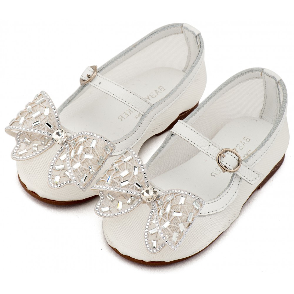 EXC5903 Λευκό Γοβάκι απο Ύφασμα Φιλντιρέ και Φιόγκο Στρας 