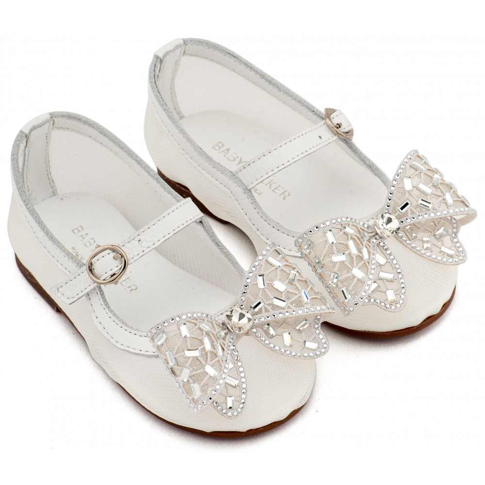 EXC5903 Λευκό Γοβάκι απο Ύφασμα Φιλντιρέ και Φιόγκο Στρας 