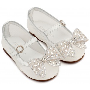 EXC5903 Λευκό Γοβάκι απο Ύφασμα Φιλντιρέ και Φιόγκο Στρας 