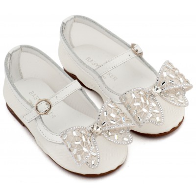 EXC5903 Λευκό Γοβάκι απο Ύφασμα Φιλντιρέ και Φιόγκο Στρας 