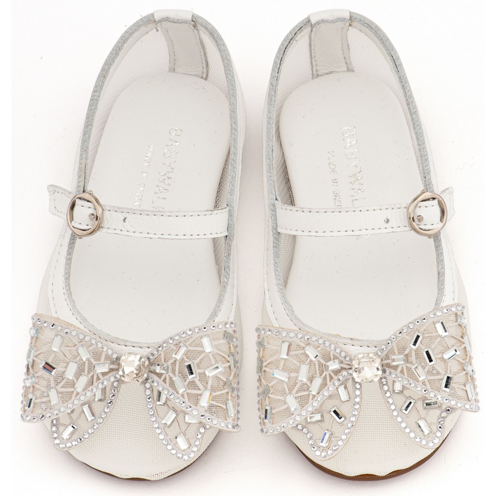 EXC5903 Λευκό Γοβάκι απο Ύφασμα Φιλντιρέ και Φιόγκο Στρας 