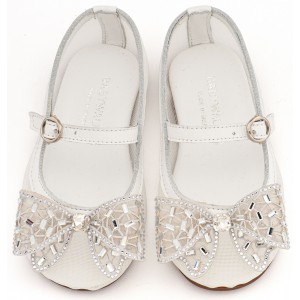 EXC5903 Λευκό Γοβάκι απο Ύφασμα Φιλντιρέ και Φιόγκο Στρας 