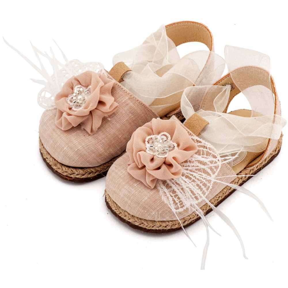 EXC5905 Εκρού Νουντ Εσπαντρίγια με Χειροποίητο Διακοσμητικό με Πούπουλα 