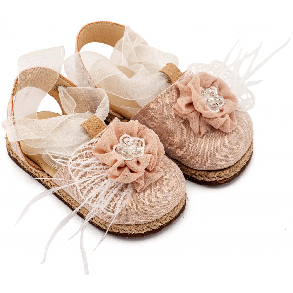 EXC5905 Εκρού Νουντ Εσπαντρίγια με Χειροποίητο Διακοσμητικό με Πούπουλα 