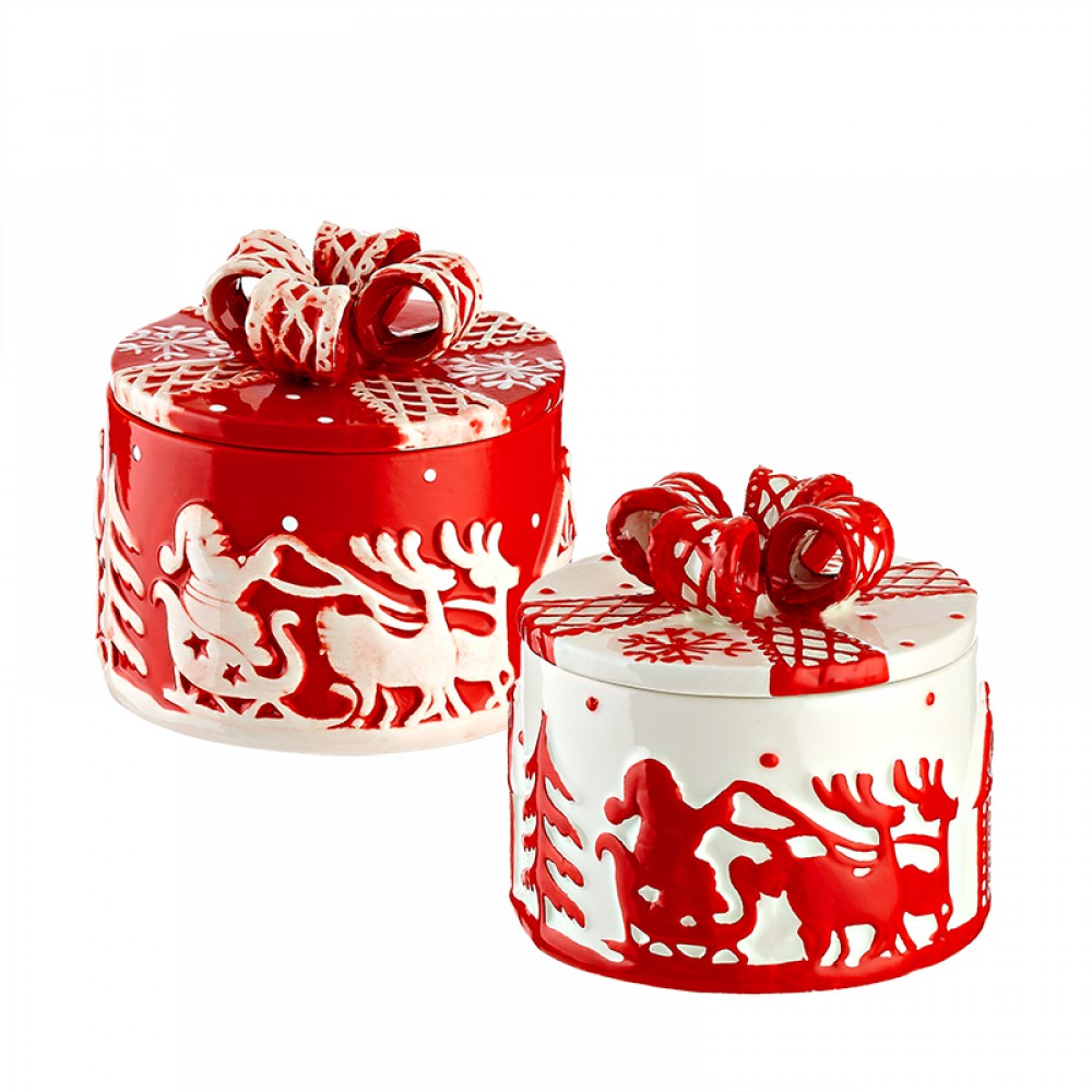 ΚΕΡΑΜΙΚΗ ΧΡΙΣΤΟΥΓΕΝΝΙΑΤΙΚΗ ΜΠΙΣΚΟΤΟΘΗΚΗ ΜΕ ΦΙΟΓΚΟ ΣΕ 2 ΧΡΩΜΑΤΑ Φ12.5x12.5cm 