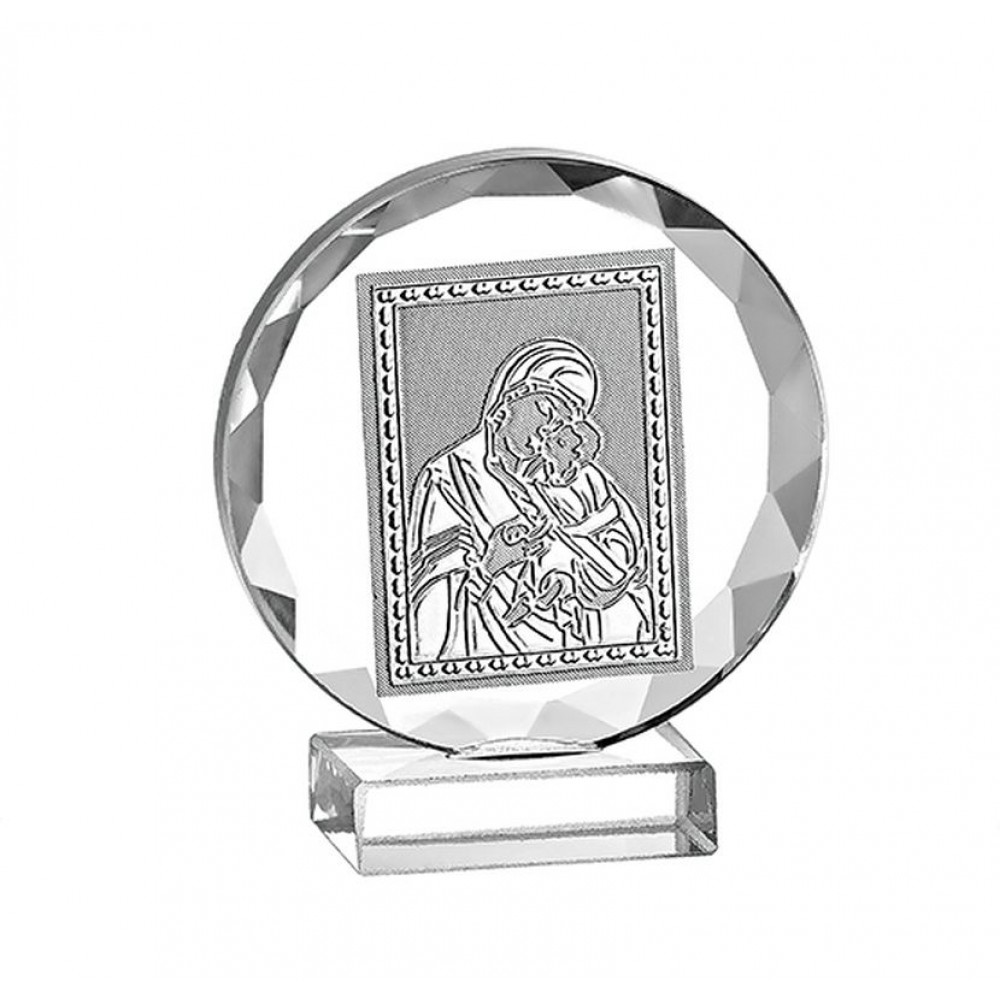 ΜΠΟΜΠΟΝΙΕΡΑ ΣΤΡΟΓΓΥΛΗ ΓΥΑΛΙΝΗ ΕΙΚΟΝΑ ΠΑΝΑΓΙΑ ΜΕ ΧΑΡΤΙΝΟ ΛΕΥΚΟ ΚΟΥΤΑΚΙ 5Χ5.5CM 