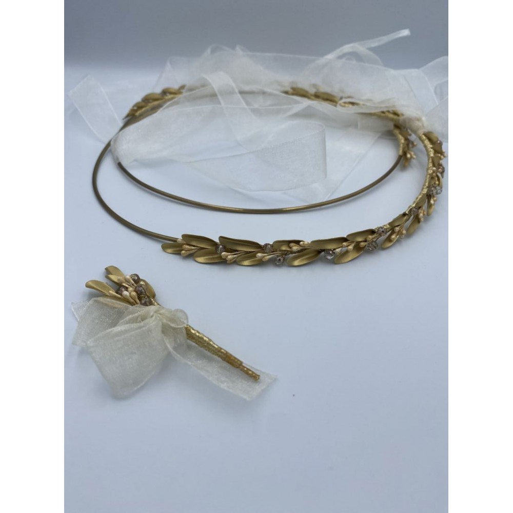 ΣΤΕΦΑΝΑ ΧΕΙΡΟΠΟΙΗΤΑ ΣΕ ΧΡΥΣΟ ΜΕ ΦΥΛΛΑΡΑΚΙΑ ΜΕΤΑΛΛΙΚΑ ΧΑΝΤΡΕΣ ΚΑΙ ΜΙΚΡΑ ΜΠΟΥΚΕΤΑΚΙΑ 