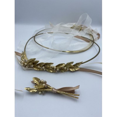 ΣΤΕΦΑΝΑ ΧΕΙΡΟΠΟΙΗΤΑ ΣΕ ΧΡΥΣΟ ΜΕ ΦΥΛΛΑΡΑΚΙΑ ΑΝΑΓΛΥΦΑ ΚΑΙ ΜΙΚΡΕΣ ΠΕΡΛΕΣ