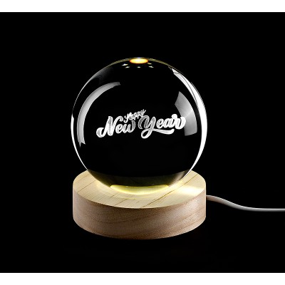 ΚΡΥΣΤΑΛΛΙΝΗ ΜΠΑΛΑ ΦΩΤΙΣΤΙΚΟ ΜΕ ΞΥΛΙΝΗ ΒΑΣΗ HAPPY NEW YEAR 10cm
