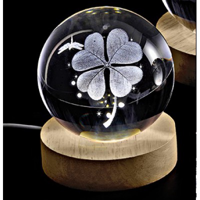 ΚΡΥΣΤΑΛΛΙΝΗ ΜΠΑΛΑ ΦΩΤΙΣΤΙΚΟ ΜΕ ΞΥΛΙΝΗ ΒΑΣΗ ΤΕΤΡΑΦΥΛΛΟ ΤΡΙΦΥΛΛΙ 6cm