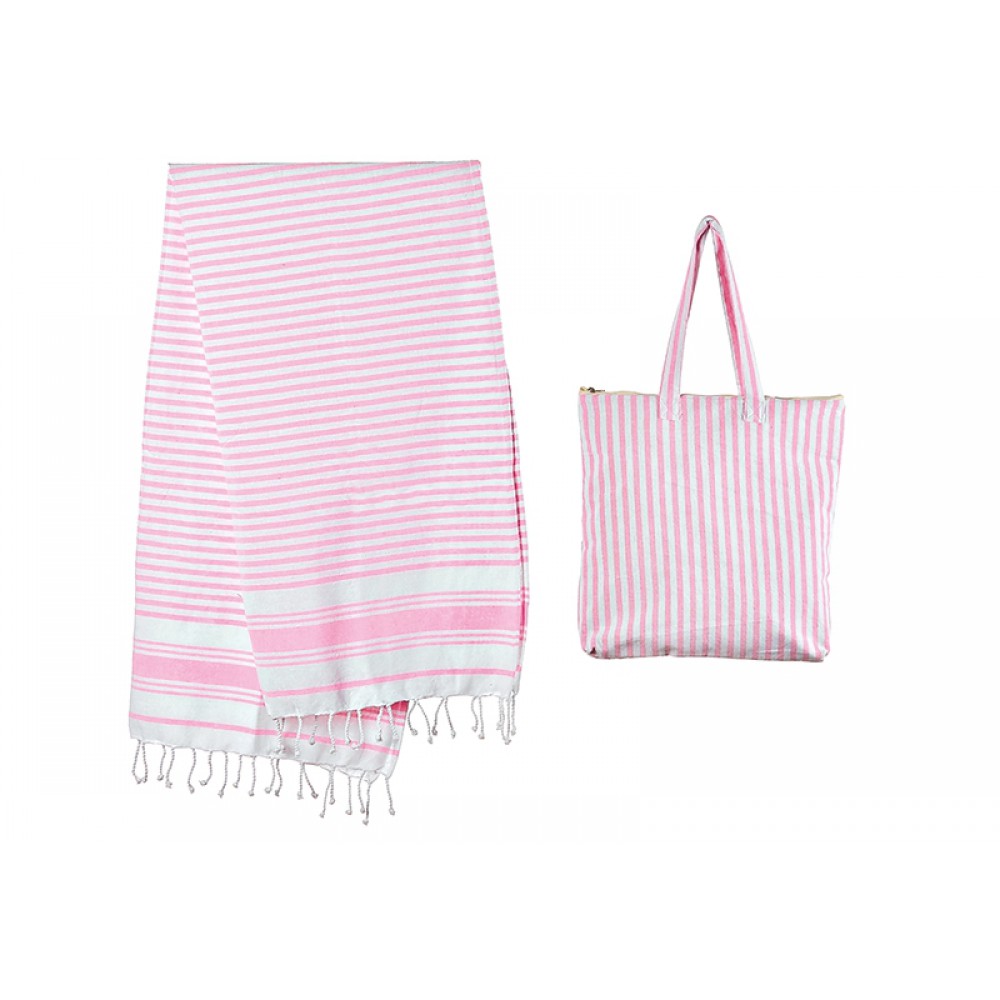 ΣΕΤ ΤΣΑΝΤΑ ΠΑΡΑΛΙΑΣ & ΠΕΤΣΕΤΑ ΒΑΜΒΑΚΕΡΗ FOUTA ΡΟΖ ΡΙΓΕ 90X180cm 40X40cm 