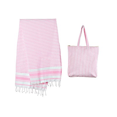 ΣΕΤ ΤΣΑΝΤΑ ΠΑΡΑΛΙΑΣ & ΠΕΤΣΕΤΑ ΒΑΜΒΑΚΕΡΗ FOUTA ΡΟΖ ΡΙΓΕ 90X180cm 40X40cm