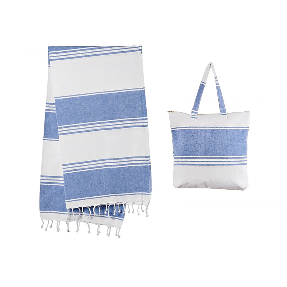 ΣΕΤ ΤΣΑΝΤΑ ΠΑΡΑΛΙΑΣ & ΠΕΤΣΕΤΑ ΒΑΜΒΑΚΕΡΗ FOUTA ΣΙΕΛ ΡΙΓΕ 90X180cm 40X40cm 