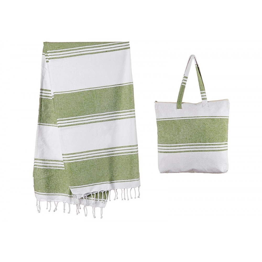 ΣΕΤ ΤΣΑΝΤΑ ΠΑΡΑΛΙΑΣ & ΠΕΤΣΕΤΑ ΒΑΜΒΑΚΕΡΗ FOUTA ΠΡΑΣΙΝΗ ΡΙΓΕ 90X180cm 40X40cm 