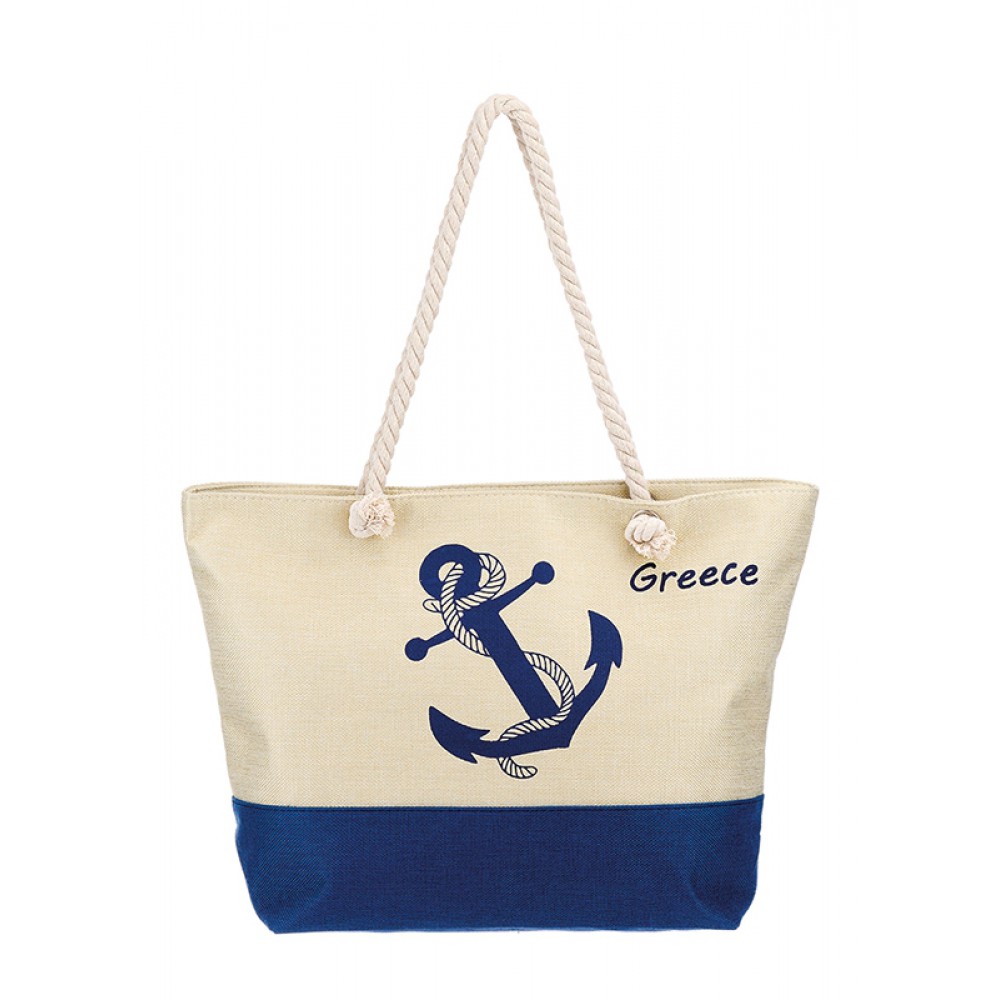 ΤΣΑΝΤΑ ΘΑΛΑΣΣΗΣ ΥΦΑΣΜΑΤΙΝΗ ΕΚΡΟΥ-NAVY ΑΓΚΥΡΑ 1 ΟΨΗΣ ''GREECE'' 55x16x40cm 