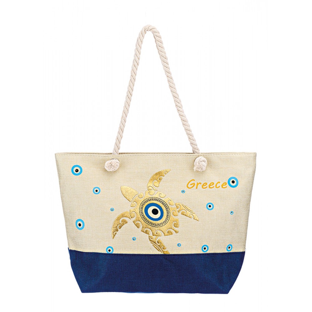 ΤΣΑΝΤΑ ΘΑΛΑΣΣΗΣ ΥΦΑΣΜΑΤΙΝΗ ΕΚΡΟΥ-NAVY ΜΕ ΧΕΛΩΝΑ & ΜΑΤΑΚΙΑ 1 ΟΨΗΣ ''GREECE'' 55x16x40cm 
