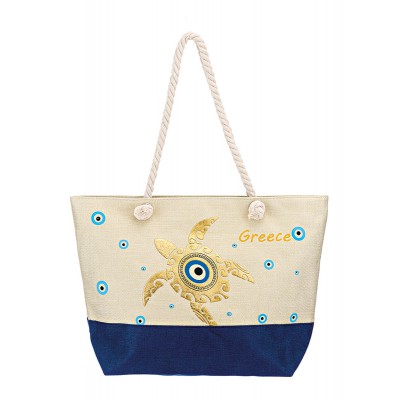 ΤΣΑΝΤΑ ΘΑΛΑΣΣΗΣ ΥΦΑΣΜΑΤΙΝΗ ΕΚΡΟΥ-NAVY ΜΕ ΧΕΛΩΝΑ & ΜΑΤΑΚΙΑ 1 ΟΨΗΣ ''GREECE'' 55x16x40cm