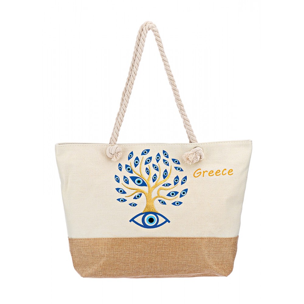 ΤΣΑΝΤΑ ΘΑΛΑΣΣΗΣ ΥΦΑΣΜΑΤΙΝΗ ΕΚΡΟΥ ΔΕΝΤΡΟ ΤΗΣ ΖΩΗΣ ΚΑΙ ΜΑΤΑΚΙΑ 1 ΟΨΗΣ ''GREECE'' 55x16x40cm 