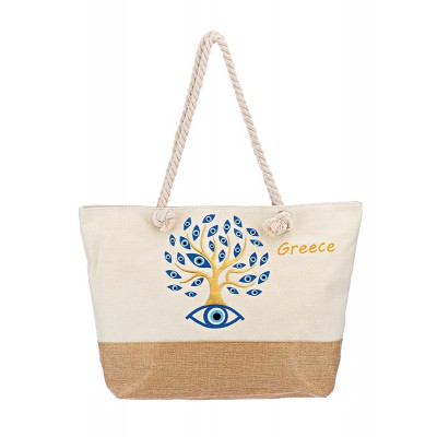 ΤΣΑΝΤΑ ΘΑΛΑΣΣΗΣ ΥΦΑΣΜΑΤΙΝΗ ΕΚΡΟΥ ΔΕΝΤΡΟ ΤΗΣ ΖΩΗΣ ΚΑΙ ΜΑΤΑΚΙΑ 1 ΟΨΗΣ ''GREECE'' 55x16x40cm