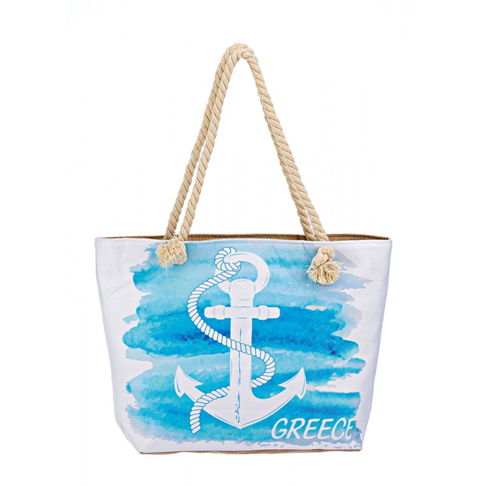 ΤΣΑΝΤΑ ΘΑΛΑΣΣΗΣ ΥΦΑΣΜΑΤΙΝΗ ΛΕΥΚΗ-ΣΙΕΛ ΑΓΚΥΡΑ 2 ΟΨΕΩΝ ''GREECE'' 47x14x35cm 