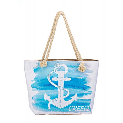 ΤΣΑΝΤΑ ΘΑΛΑΣΣΗΣ ΥΦΑΣΜΑΤΙΝΗ ΛΕΥΚΗ-ΣΙΕΛ ΑΓΚΥΡΑ 2 ΟΨΕΩΝ ''GREECE'' 47x14x35cm