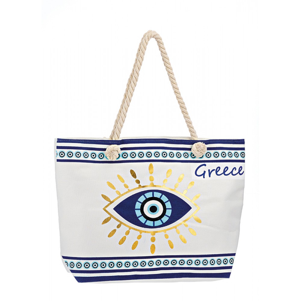 ΤΣΑΝΤΑ ΘΑΛΑΣΣΗΣ ΥΦΑΣΜΑΤΙΝΗ ΛΕΥΚΗ ΜΕ ΜΑΤΙ 1 ΟΨΗΣ ''GREECE'' 55x16x40cm 