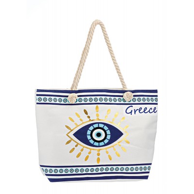 ΤΣΑΝΤΑ ΘΑΛΑΣΣΗΣ ΥΦΑΣΜΑΤΙΝΗ ΛΕΥΚΗ ΜΕ ΜΑΤΙ 1 ΟΨΗΣ ''GREECE'' 55x16x40cm