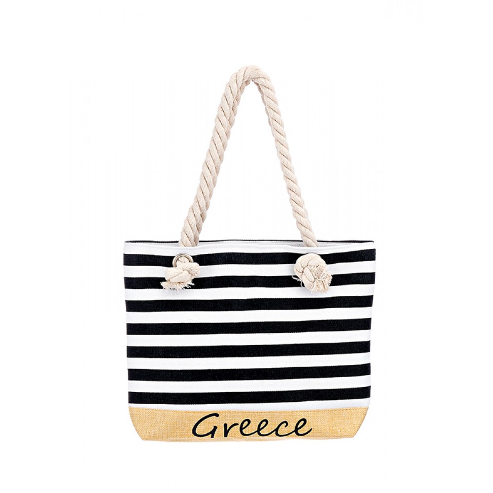 ΤΣΑΝΤΑ ΘΑΛΑΣΣΗΣ ΥΦΑΣΜΑΤΙΝΗ ΛΕΥΚΗ ΜΕ ΜΑΥΡΕΣ ΡΙΓΕΣ ''GREECE'' 2 ΟΨΕΩΝ 33x8x26cm 