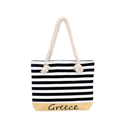 ΤΣΑΝΤΑ ΘΑΛΑΣΣΗΣ ΥΦΑΣΜΑΤΙΝΗ ΛΕΥΚΗ ΜΕ ΜΑΥΡΕΣ ΡΙΓΕΣ ''GREECE'' 2 ΟΨΕΩΝ 33x8x26cm