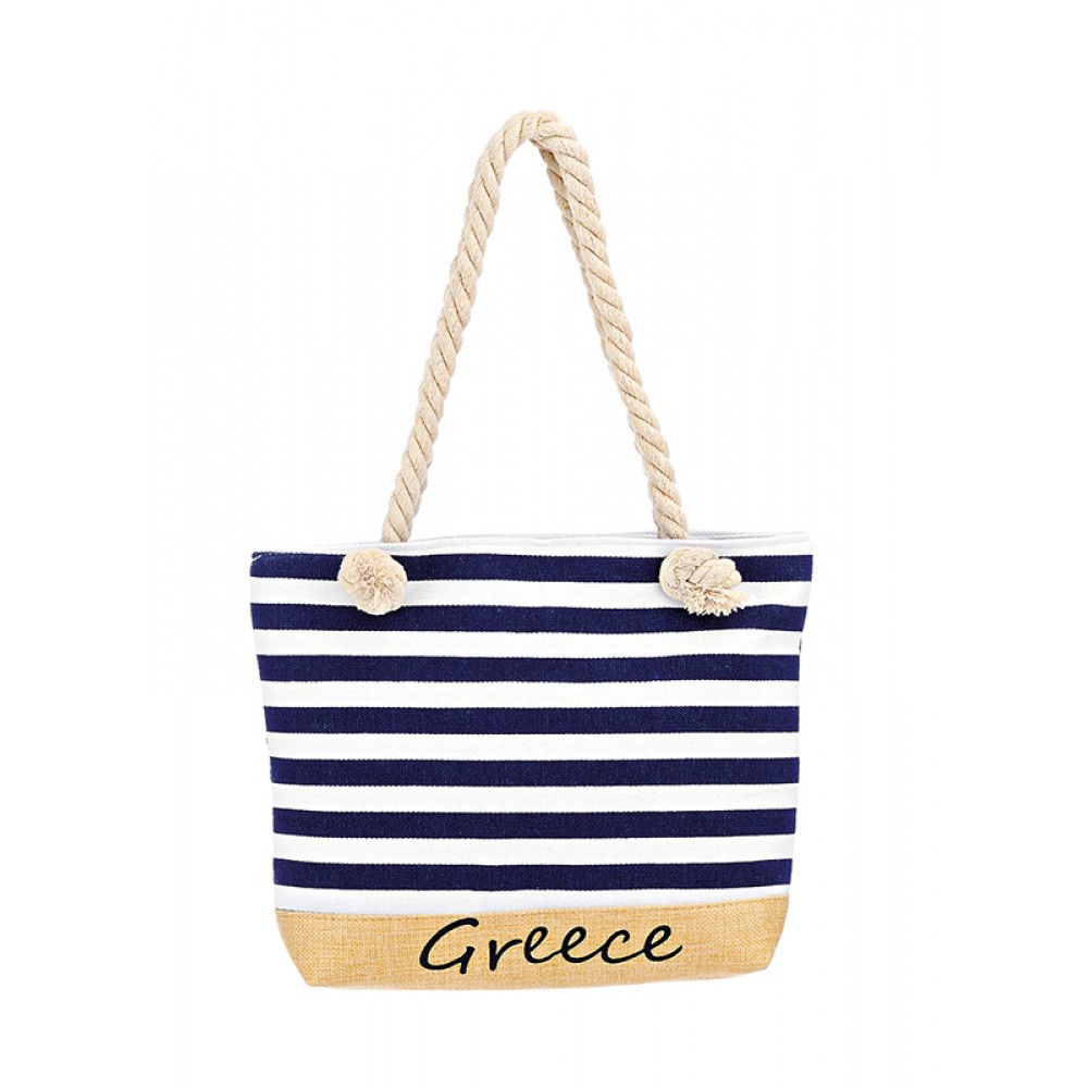 ΤΣΑΝΤΑ ΘΑΛΑΣΣΗΣ ΥΦΑΣΜΑΤΙΝΗ ΛΕΥΚΗ ΜΕ NAVY ΡΙΓΕΣ 2 ΟΨΕΩΝ ''GREECE'' 33x8x26cm 