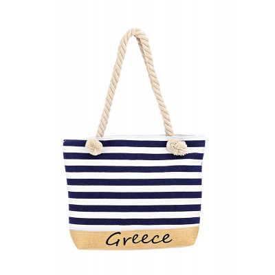 ΤΣΑΝΤΑ ΘΑΛΑΣΣΗΣ ΥΦΑΣΜΑΤΙΝΗ ΛΕΥΚΗ ΜΕ NAVY ΡΙΓΕΣ 2 ΟΨΕΩΝ ''GREECE'' 33x8x26cm