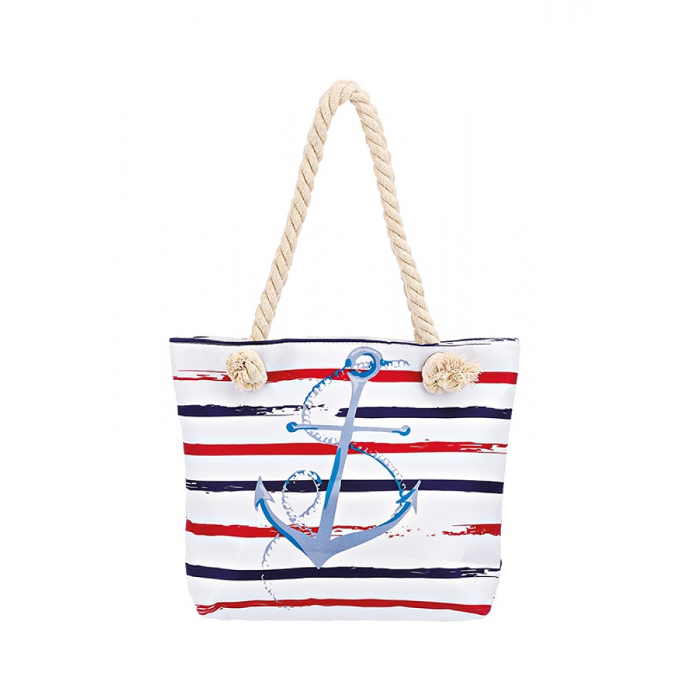 ΤΣΑΝΤΑ ΘΑΛΑΣΣΗΣ ΑΔΙΑΒΡΟΧΗ ΛΕΥΚΗ ΜΕ ΚΟΚΚΙΝΕΣ-NAVY ΡΙΓΕΣ & ΑΓΚΥΡΑ 2 ΟΨΕΩΝ ''GREECE'' 33x8x26cm 