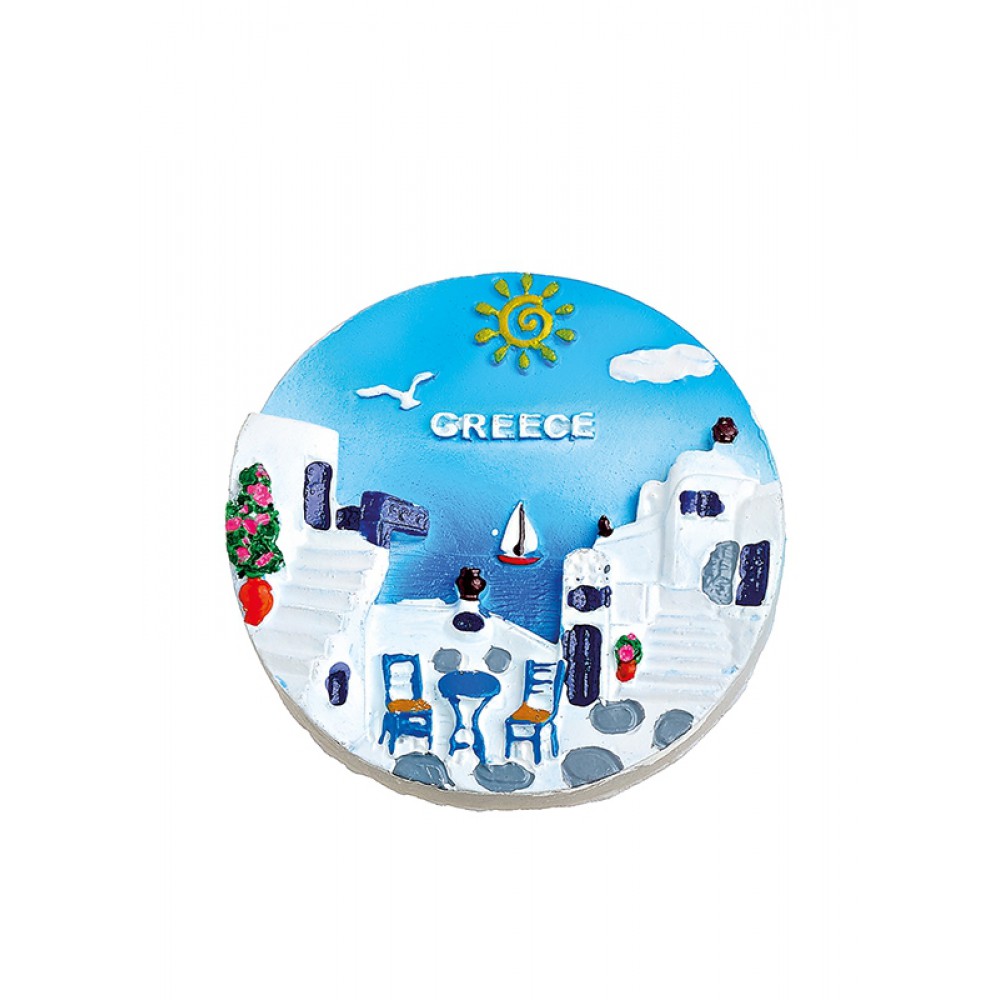 ΜΑΓΝΗΤΑΚΙ ΣΤΡΟΓΓΥΛΟ ΠΛΑΚΟΣΤΡΩΤΗ ΑΥΛΗ ''GREECE'' Φ7 cm 