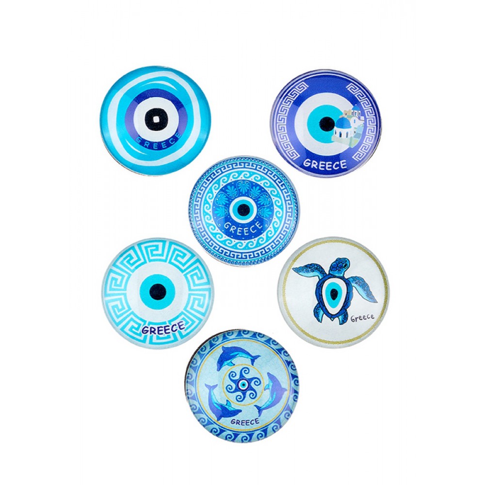 ΜΑΓΝΗΤΑΚΙΑ ΣΤΡΟΓΓΥΛΑ ΜΕ ΜΑΤΑΚΙΑ ''GREECE'' 6 ΣΧΕΔΙΩΝ Φ5cm 