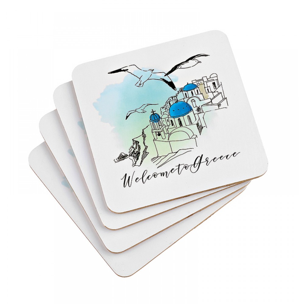 ΣΟΥΒΕΡ ΤΕΤΡΑΓΩΝΑ ΜΕ ΦΕΛΛΟ ΣΕΤ 4 ΤΕΜΑΧΙΩΝ ΓΛΑΡΟΙ ''WELCOME TO GREECE'' 10x10cm 