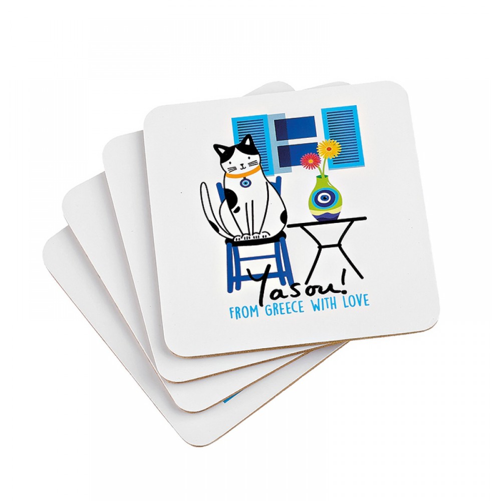 ΣΟΥΒΕΡ ΤΕΤΡΑΓΩΝΑ ΜΕ ΦΕΛΛΟ ΣΕΤ 4 ΤΕΜΑΧΙΩΝ ΓΑΤΟΥΛΑ ''YASOU FROM GREECE WITH LOVE'' 10x10cm 